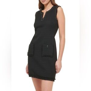 Karl Lagerfeld Paris Sleeveless Tonal Tweed Pocket Sheath Black Dress Size 4